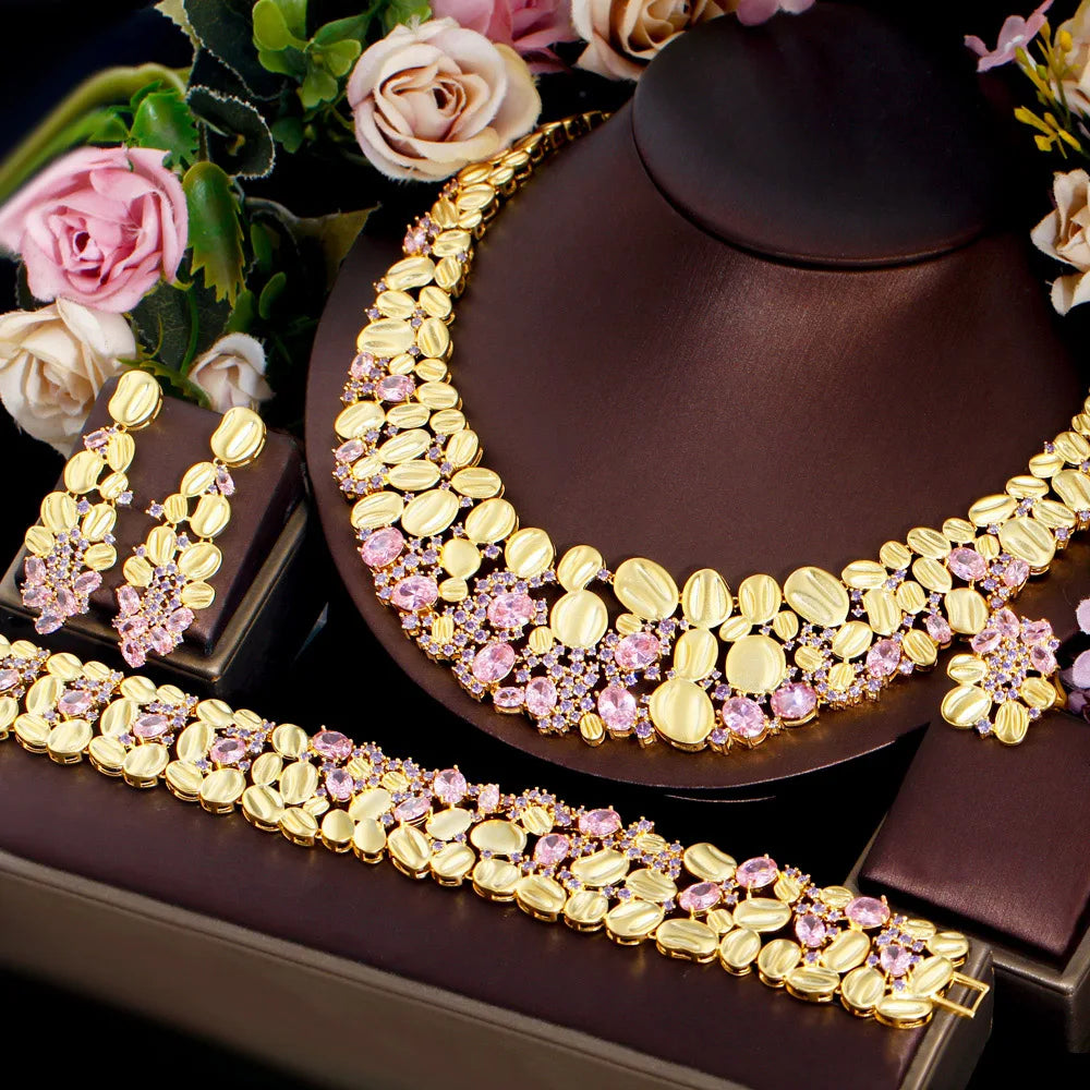 4piece African Cubic Zirconia Extra Large Necklace Women Wedding Party Dubai Gold Plated Luxury Big Jewelry Sets for Brides