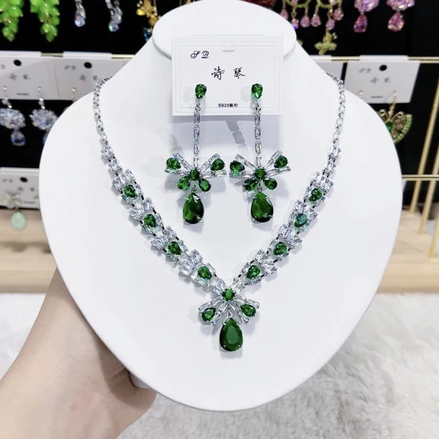 K075 High End Women Trendy Luxurious Butterfly Yellow Zircon Bridal Necklace Earrings Set Wedding Elegant Jewelry Set