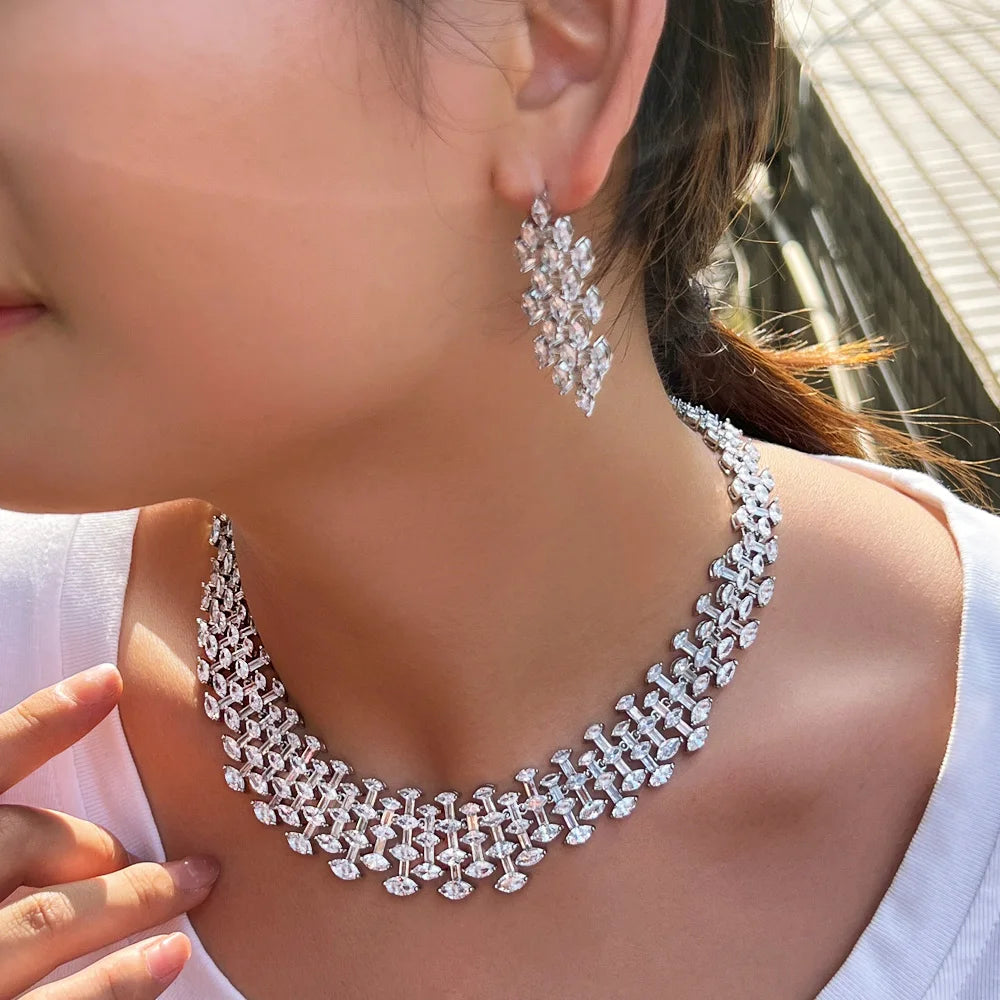 Sparkly White Women Cubic Zircon Brides Engagement Chunky Jewelry Set for Lady Wedding Dress Very Luxury Accessories