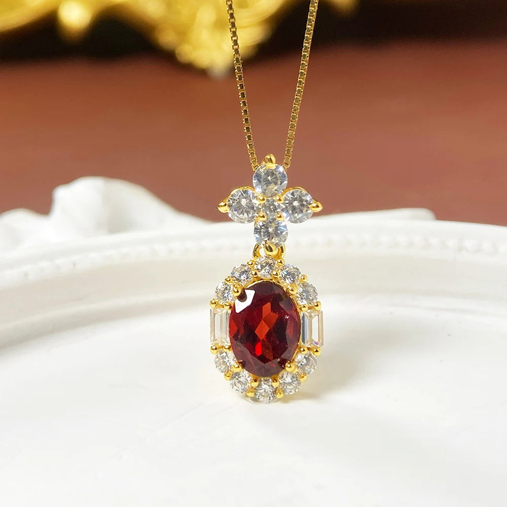 Gioiellieri Natural Garnet Pendant Necklace 925 Sterling Silver Rhodium/Gold Plated Luxury Trendy Women's Engagement Anniversary Party Gifts