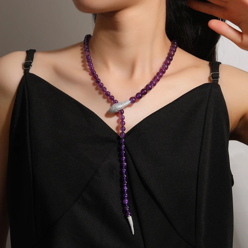 MUSHAN Jewelry Factory Natural Amethyst Spirit Snake Necklace S925 Silver Gold Plated High Carbon Diamond 8+6mm Beaded Necklace