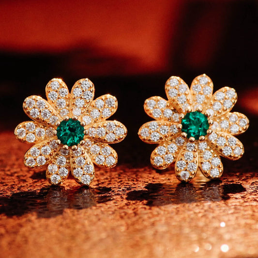 S&S Lab-Grown Emerald Sunflower Stud Earrings – Silver Alloy – Collection