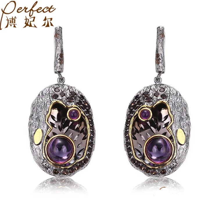 Vintage Amethyst Stone 925 Sterling Silver Black Gold Plated Pendant Earrings for Wedding & Party Gift