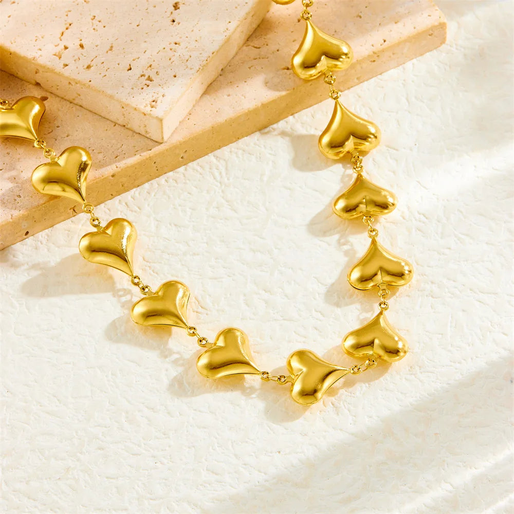 Gold Heart Necklace & Bracelet Jewellery Set | Stainless Steel Fashion Set