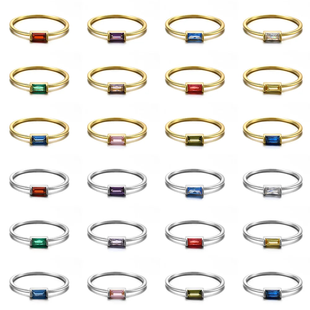 Gold Rhodium Plated Thin Pinky 925 Sterling Silver Romantic Party Colorful Square CZ Zirconia Gemstone Women's Birthstone