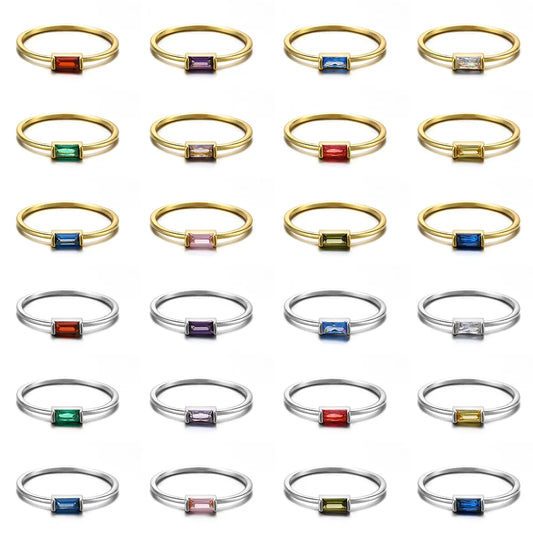Gold Rhodium Plated Thin Pinky 925 Sterling Silver Romantic Party Colorful Square CZ Zirconia Gemstone Women's Birthstone
