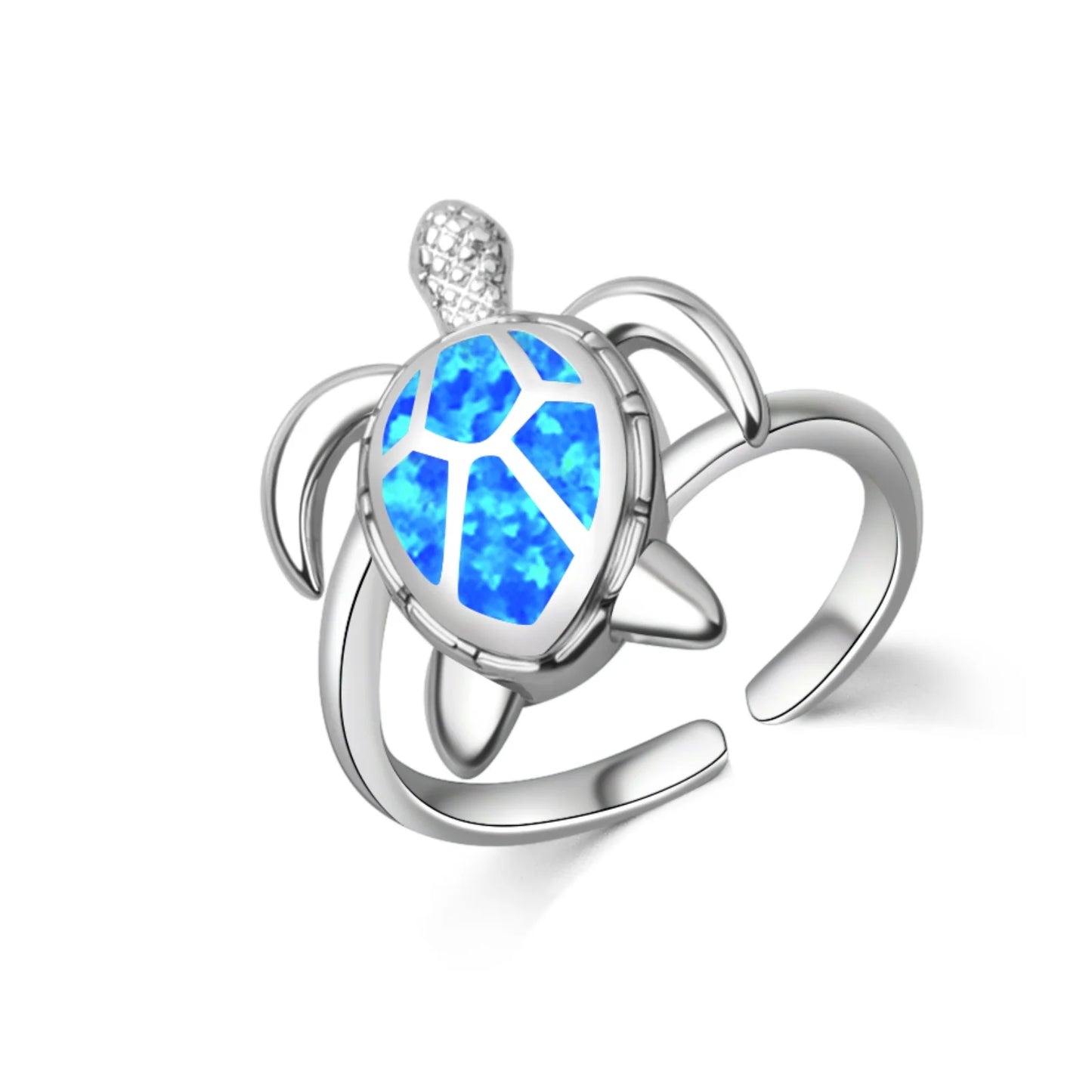 3D Sea Turtle Opal Open Ring | Blue Iridescent Gem & Zircon Accent | Stainless Steel Animal Jewelry for Women Trendy Style