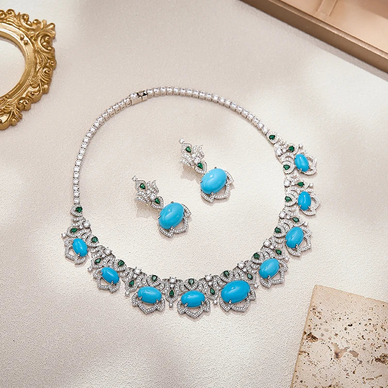 Turquoise Blue Retro Hollow Iris Flower Shaped Sexy Women's Brass Zirconia Necklace Earrings 2-piece Set Dubai Wedding Jewelry