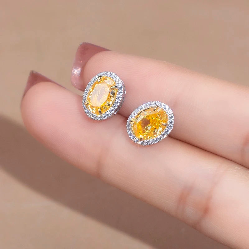 Messi Jewelry MSE-609 Silver Yellow Oval Cut Stunning High Carbon Cubic Zirconia Earrings Fancy Shape Engagement Gift for Lady