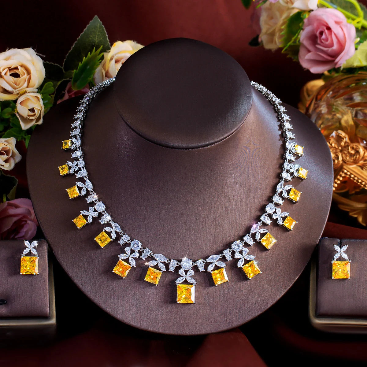 Trendy 2pcs Sets Big Square Cubic Zircon Women Luxury Bridal Yellow Jewelry Set for Wedding Anniversaries Annual Dinner Party