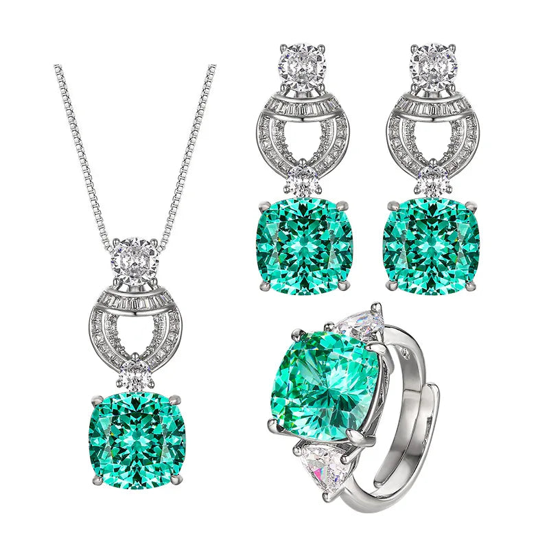 Gemfiori Fashionable Luxury High-end Pendant Ring Earring Set Emerald Green square Zircon Sparkling Jewelry