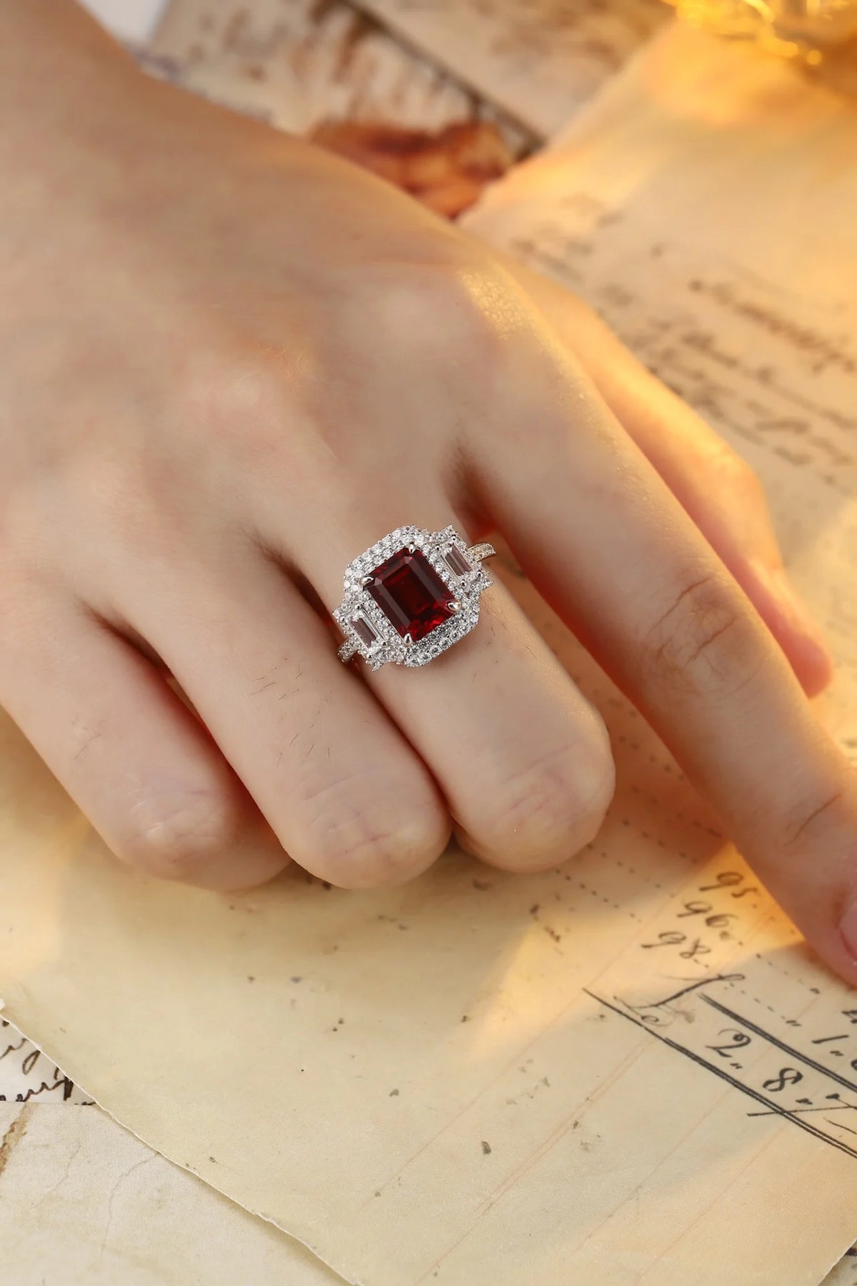 Gemfiori Retro-style Ruby Engagement Ring Sterling Silver 925 Rhodium Plated Prong Setting Vintage Wedding Ring for Her Gift & Party