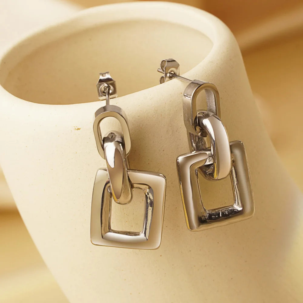 Geometric Square Chandelier Earrings & Pendant Necklace | Retro Stainless Steel Fashion Jewellery
