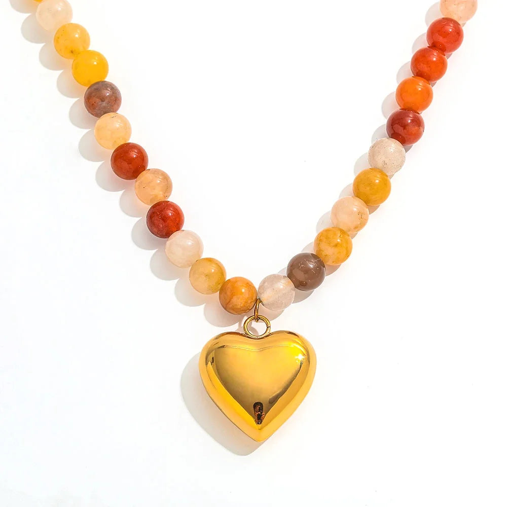 Joolim PVD Plated Wholesale Waterproof Chunky Fashion Boho Beaded Natural Stone Heart Pendant Necklace Stainless Steel Jewelry