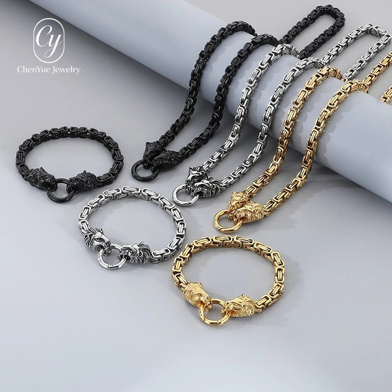 REBEL CY Hip-Hop Style Bold Lion Head Stainless Steel Bracelet Trendy Versatile Men's Imperial Chain Necklace Set Jewelry