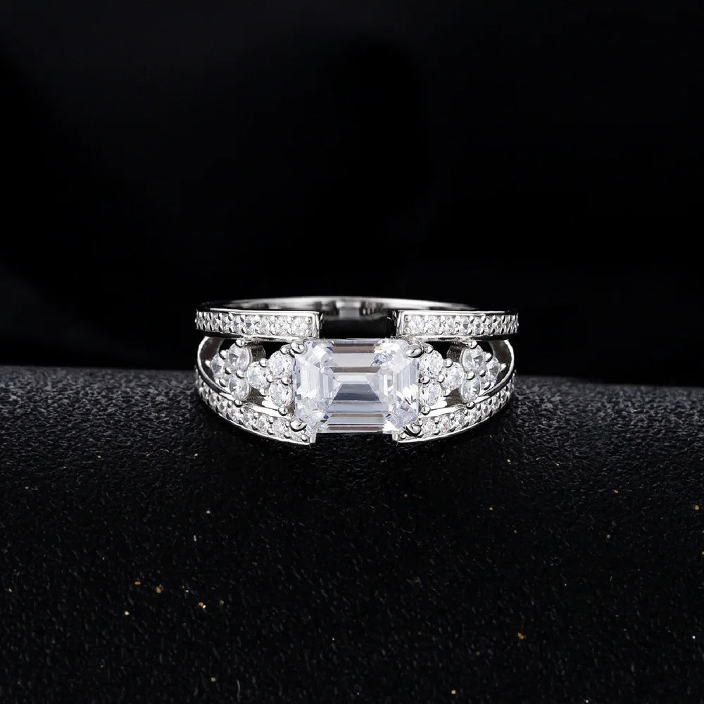 SILVERELLI Emerald Cut 6x8mm High Carbon Diamond Ring | 925 Sterling Silver | Platinum Plated