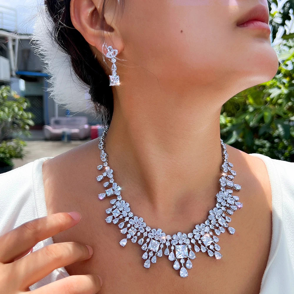 2pcs Necklace Earrings Gorgeous Yellow Square Zirconia Luxury Tassel Water Drop CZ Bridal Wedding Party Jewelry Set for Women