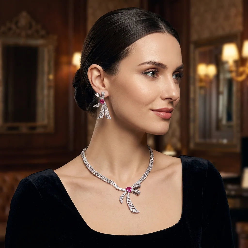Bella Viva Luxury Pink Heart Bow Necklace & Earring Set, Platinum Plated Brass & Cubic Zirconia, for Bridal & Gift & Party