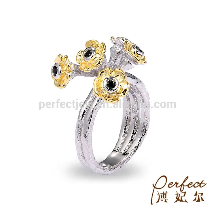Handmade Lucky Flower 925 Sterling Silver Ring with Black Spinel for Women