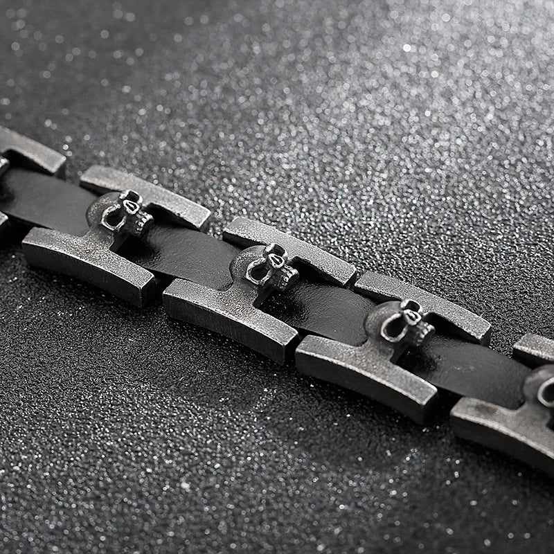 REBEL Punk Fine Jewelry Fashion Bracelets Stainless Steel Leather Skull Charm Links Bracelet