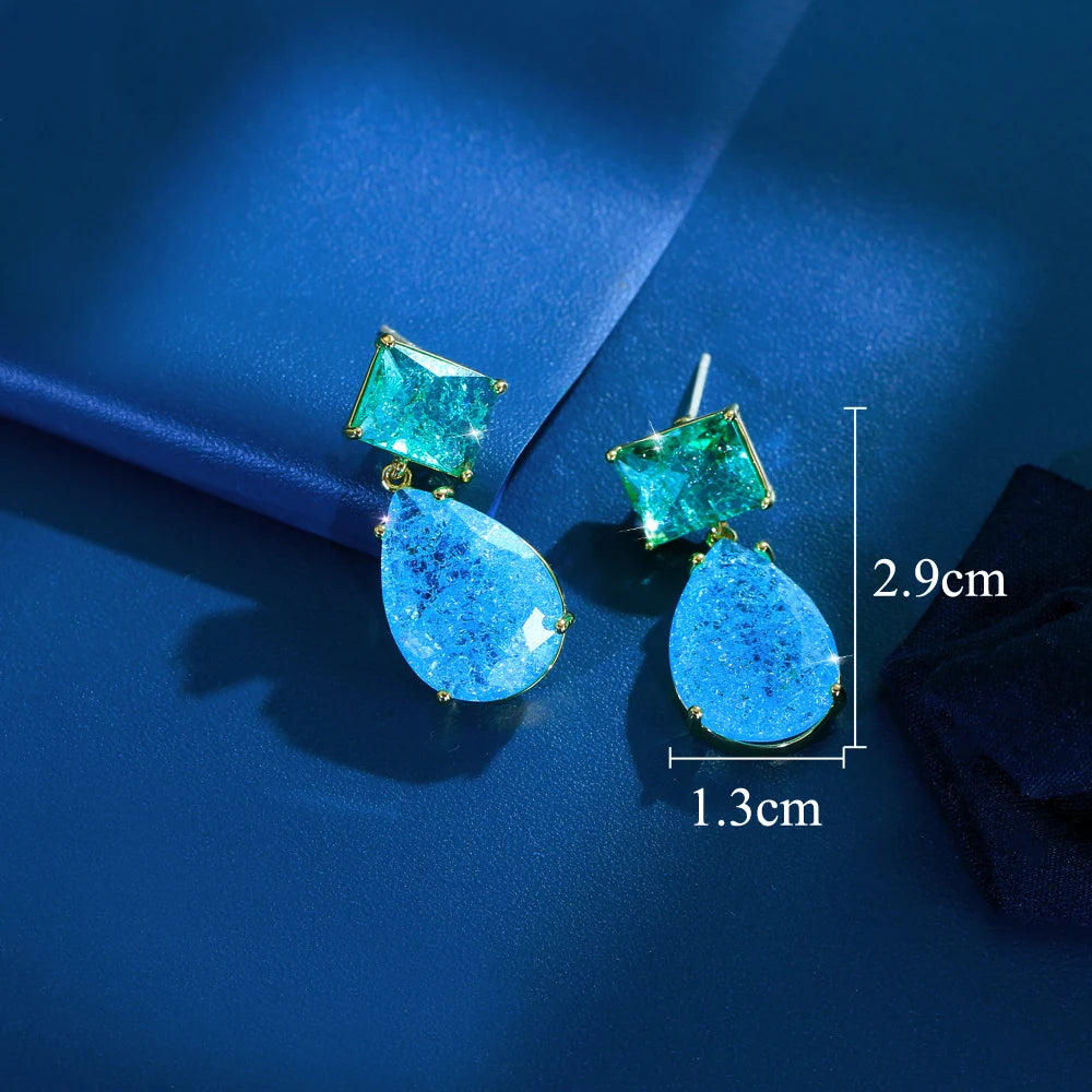 S&S Blue Ice Crack Water Drop CZ Dangle Earrings – Gold Plated – Collection