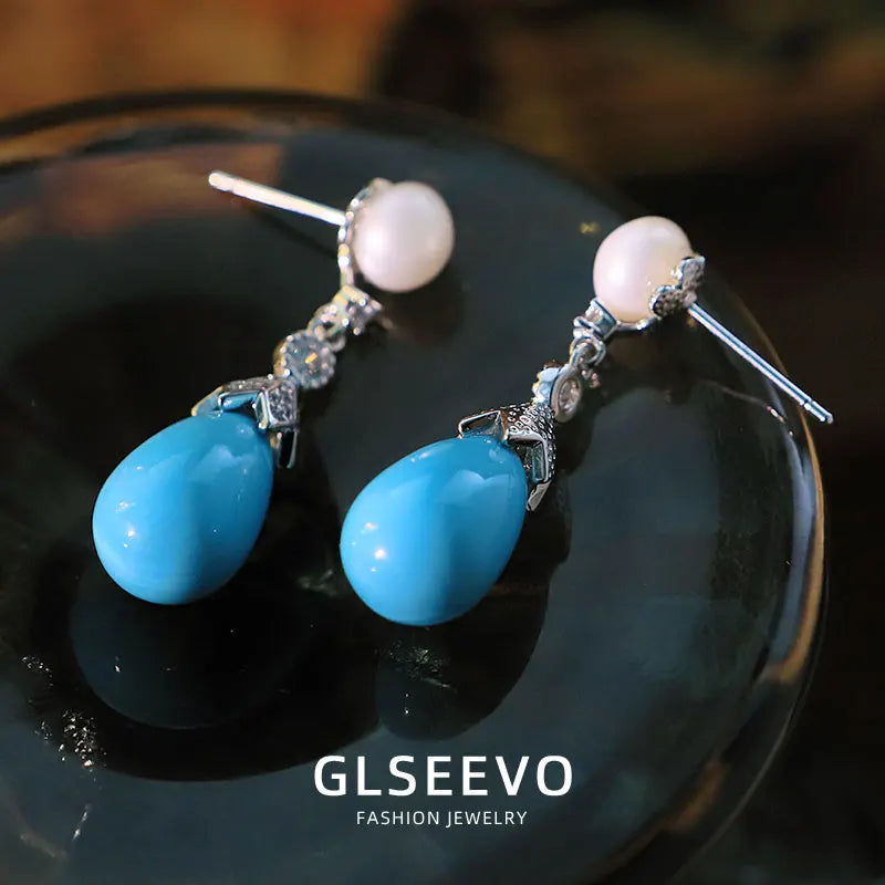 Water Droplet-Shaped Blue Turquoise Zircon Set With Natural Freshwater Pearl Drop Earrings New Design Jewellery  Wome GE1748