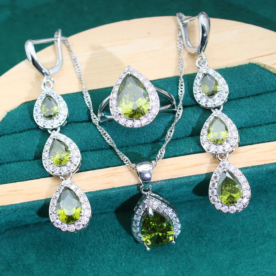 XOTICA 2024 New Green Zircoia 925 Silver Women's Jewelry Set Wedding Accessories Including Earrings Necklace for Anniversaries Parties