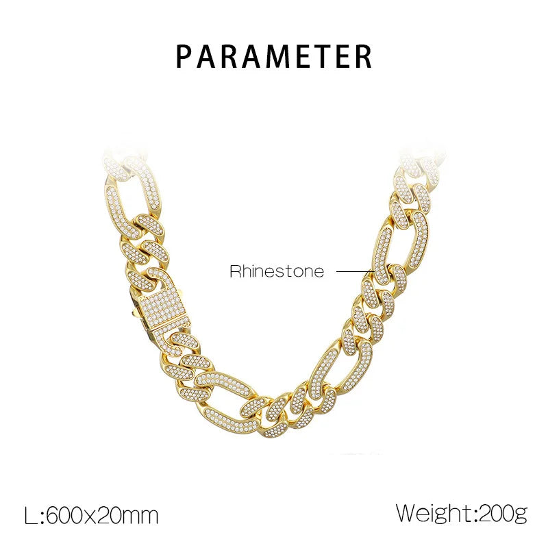 S&S 2PCS/SET European and American Stainless Steel Hip-hop Full Diamond Cuban Chain Stainless Steel Men's Necklace Bracelet Set 2