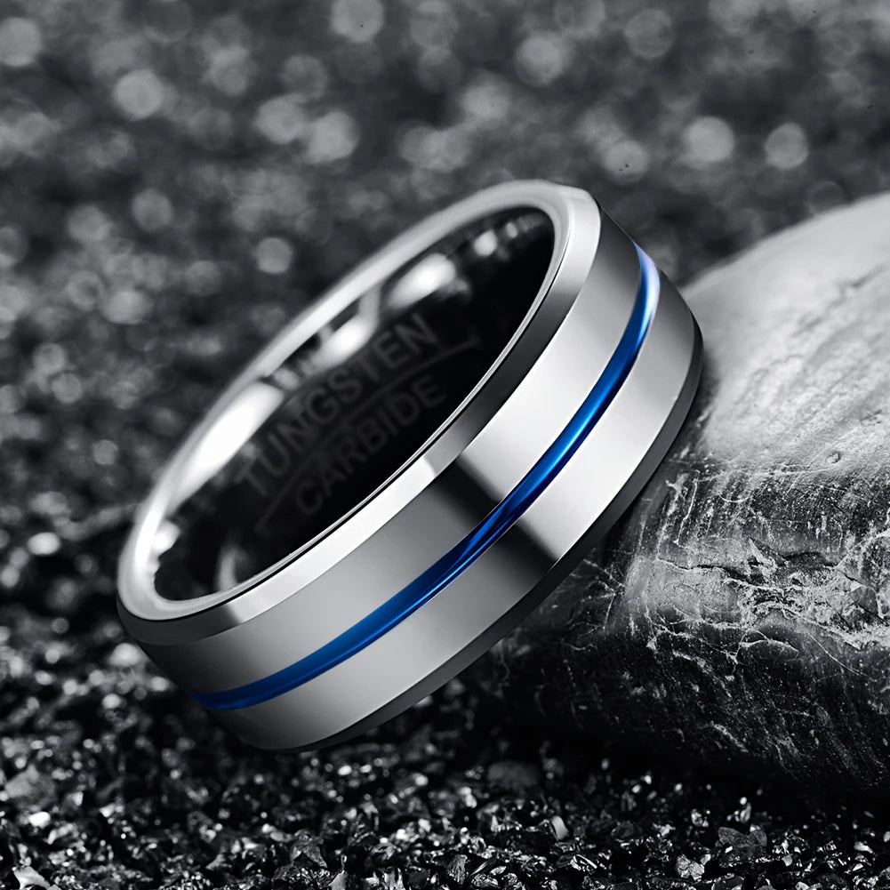 REBEL 8mm Width Polish Chamfer Edges Plated Blue groove Men's Tungsten Ring Jewelry Gift