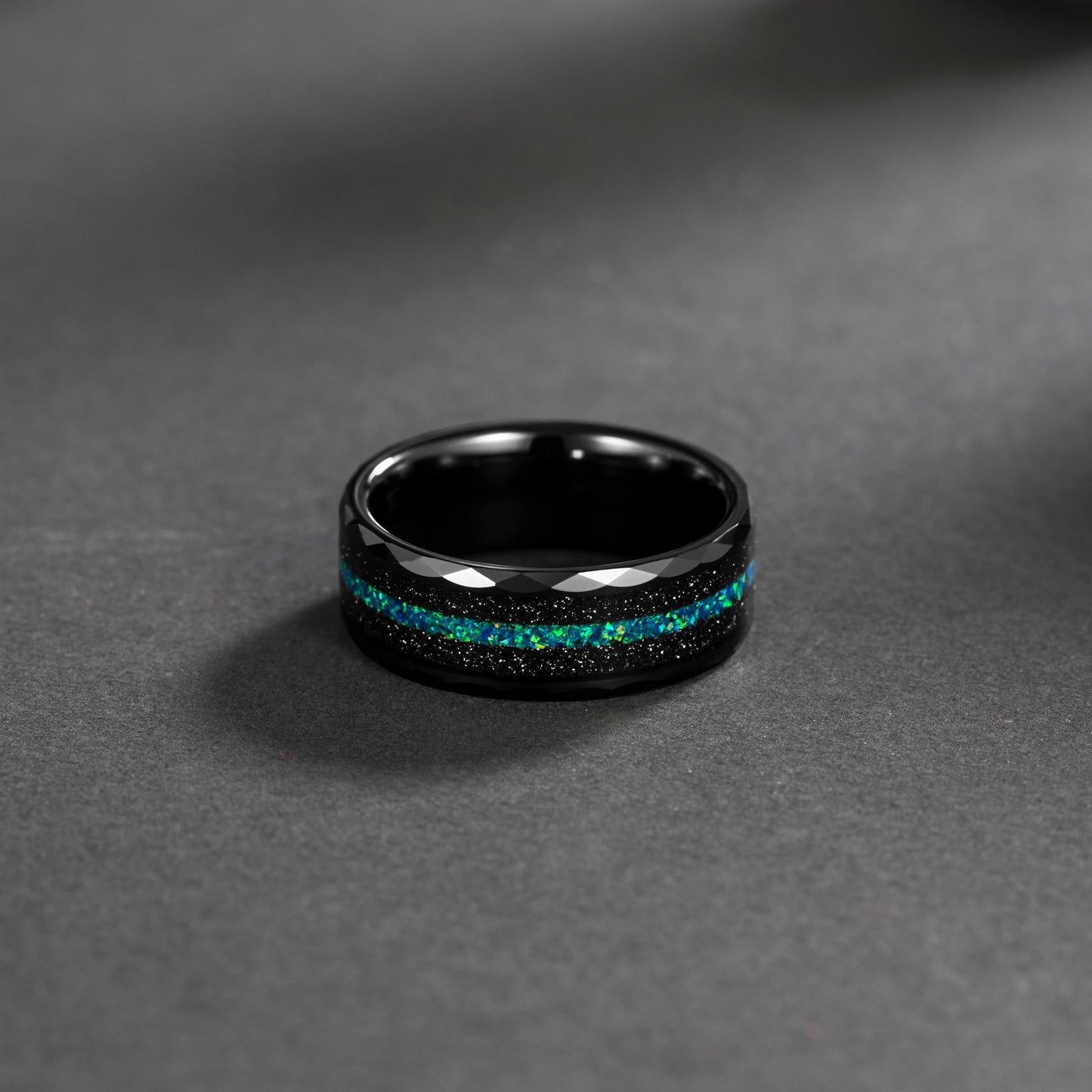 OAHLAN 8mm Mens Multi-Faceted Edge With Black Sand and Green-Blue Opal Inlay Tungsten Carbide Wedding Rings Fashion Jewelry