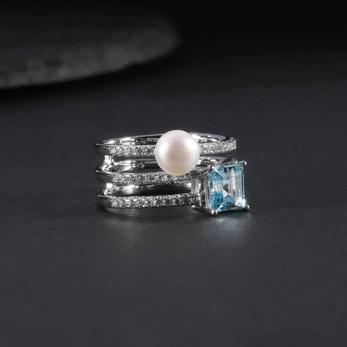 ArtistA Geometrical Line Design Sense Women Jewelry Set S925 Square Emerald Cut Sky Blue Topaz White Fresh-water Pearl Ring Earrings Set