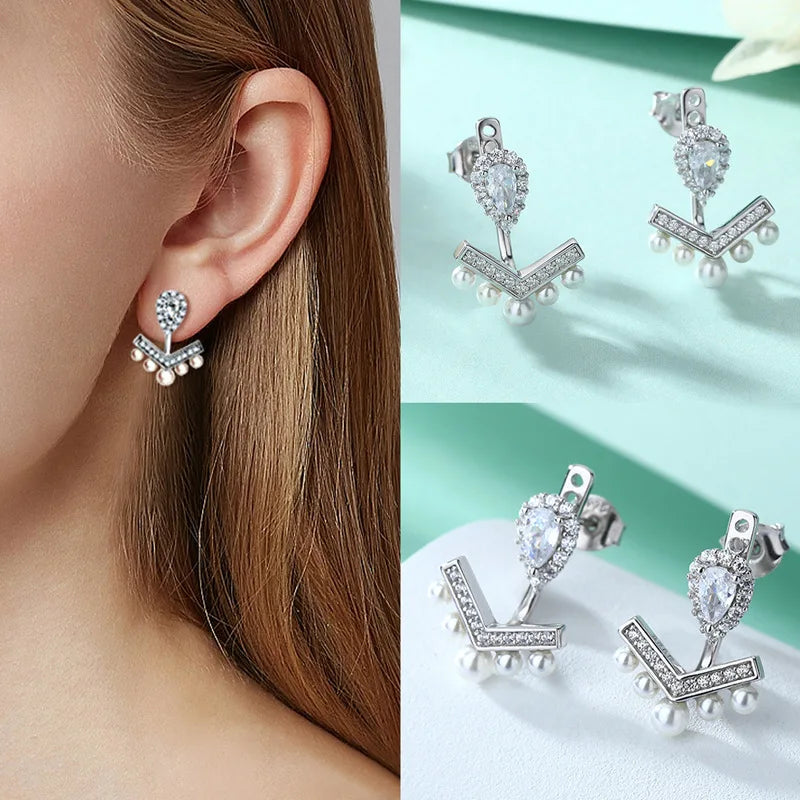 ArtistA S925 Silver Pear Zirconia Pearl Jewelry Set Ring Earrings Necklace Rhodium Plated Fine Women Wedding Jewelry