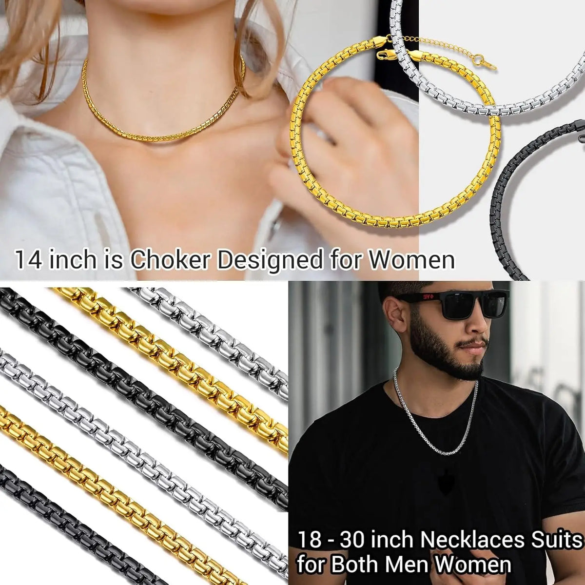 REBEL Stylish Stainless Steel Link Chain Necklace for Men 14\"-30\" Silver/Gold/Black Tone Hypoallergenic Jewelry Diamond Main Stone