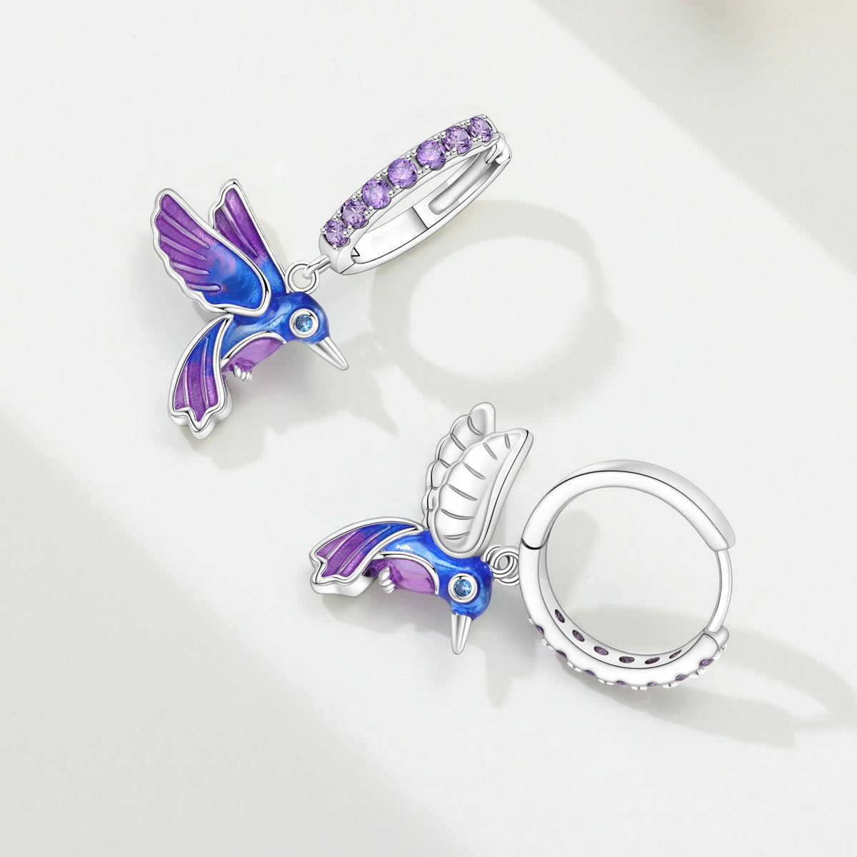 Shining Single Row Zircon Paved Gradient Blue Purple Enamel Hummingbird Dangle Drop Earrings Copper Silver Plated Women's Trendy