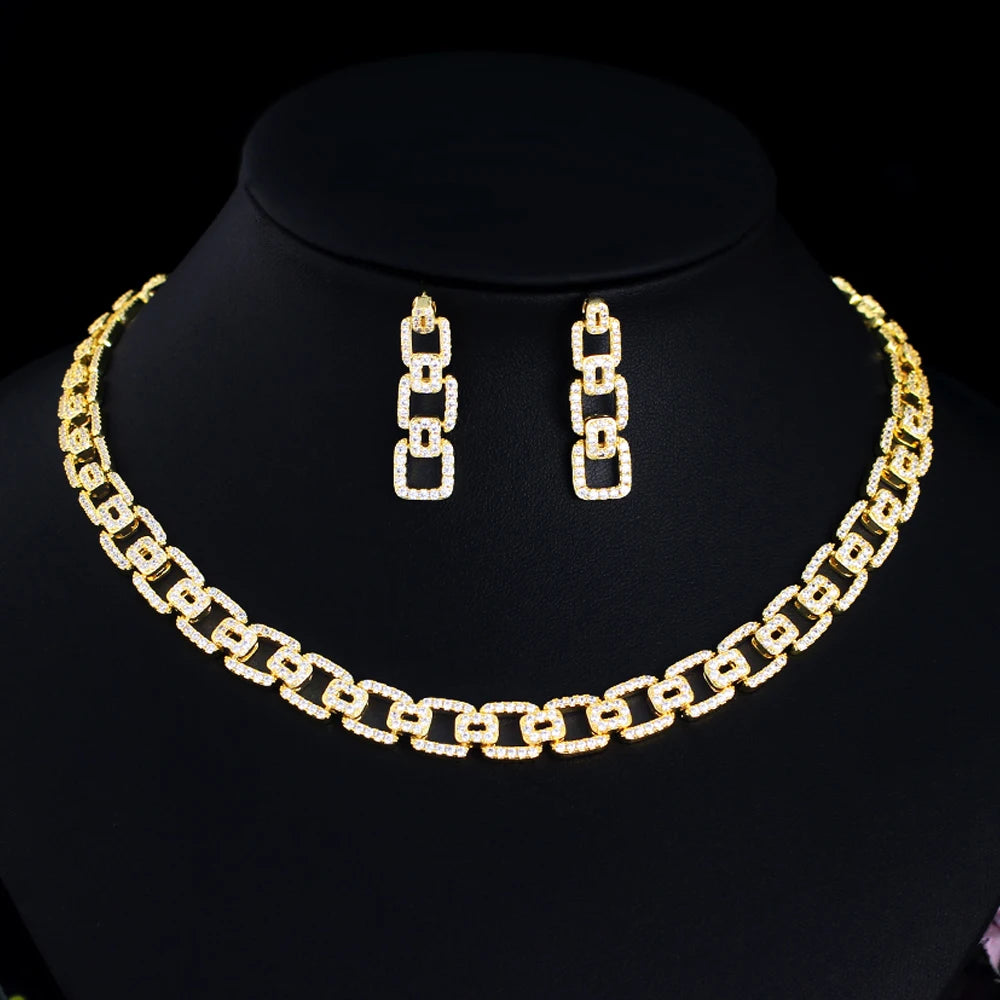 Wholesale 18k Gold Plated Cubic Zirconia Necklace and Earrings HipHop Cuban Chain Link Party Jewelry Sets for Women Men