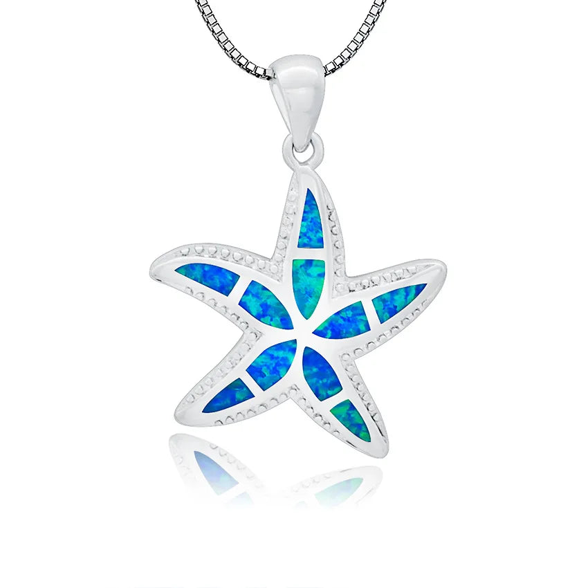 Aobao Fashionable Christian Summer Collarbone Sweater Chain Silver Plated Copper Blue Opal Starfish Necklace