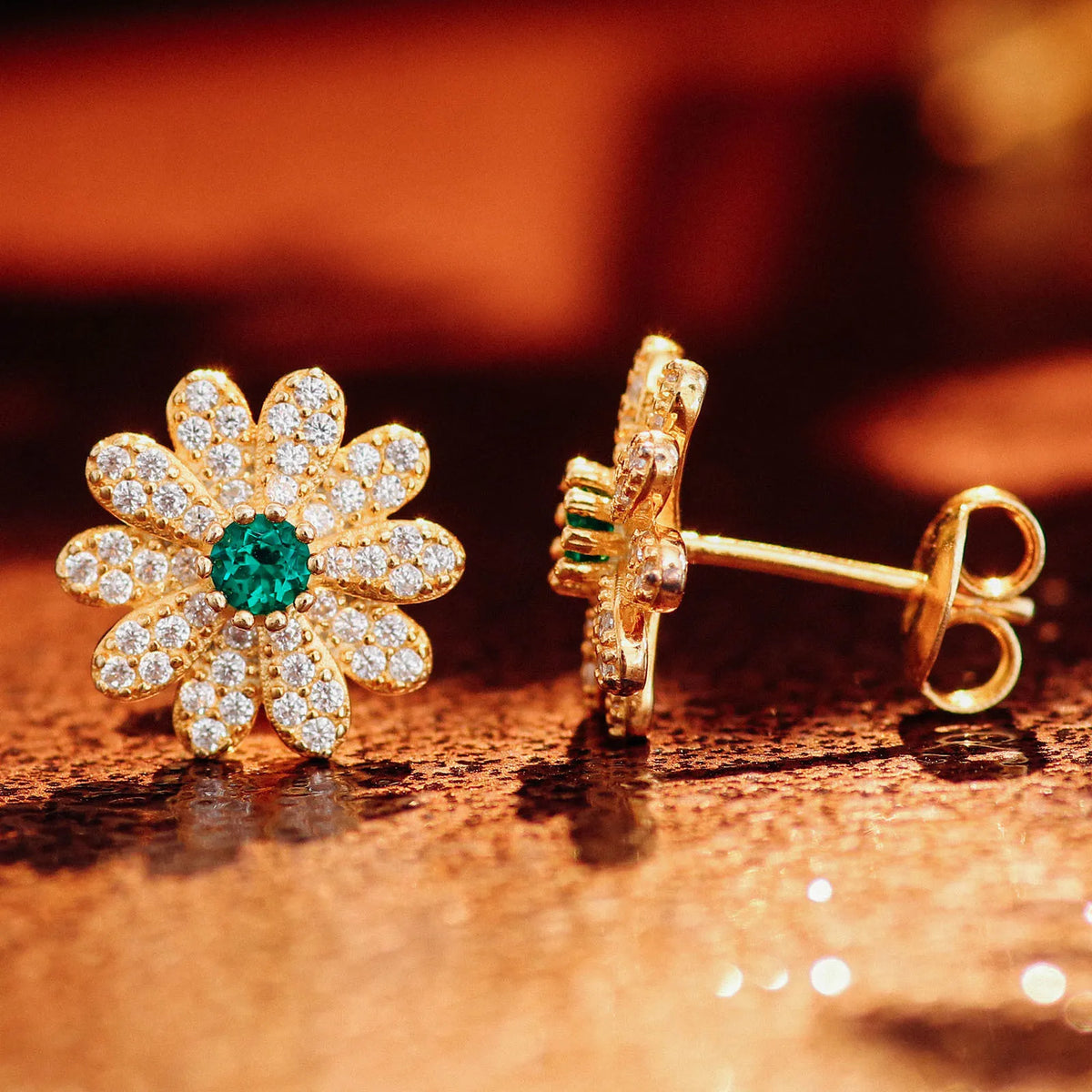 S&S Lab-Grown Emerald Sunflower Stud Earrings – Silver Alloy – Collection