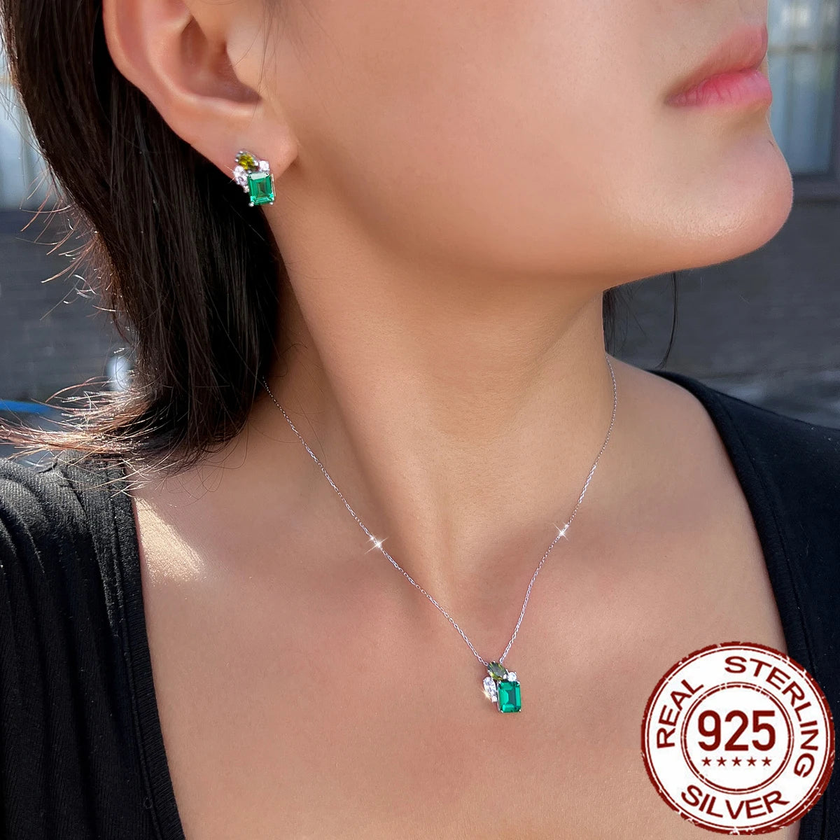 925 Sterling Silver Jewelry Set Green Baguette Cubic Zirconia Pendant Necklace Stud Earrings Jewelry Set for Women Girl Party