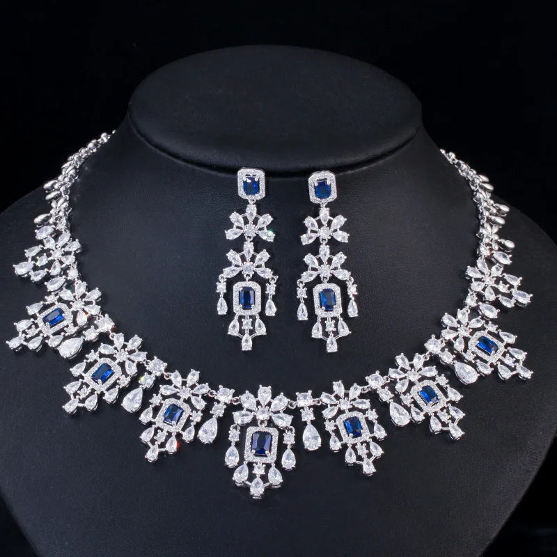 Luxury Green Cubic Zirconia Women Wedding Party Bride Necklace Earrings Jewelry Sets Bridal Dress Accessories