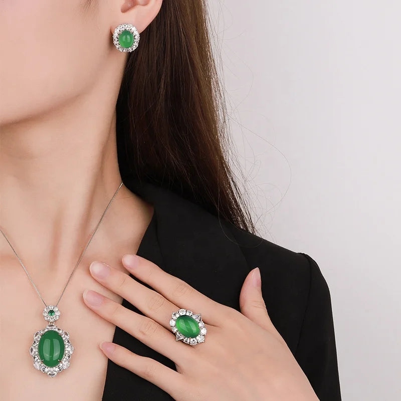 Gemfiori Luxury Pigeon Blood Ruby Jewelry Set Cabochon Cut Red Gem Halo Pendant Necklaces Earrings Rings Timeless Elegant Emerald Wedding