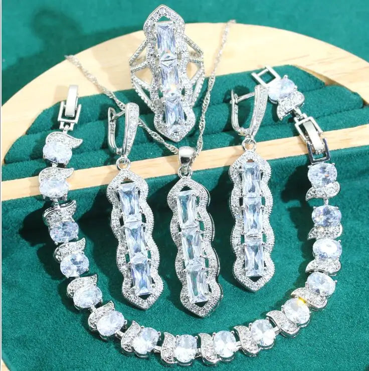 XOTICA 925 Silver Jewelry Set for Women Luxurious Long Earrings Necklace Pendant for Wedding Parties Gifts Green Zircon Style-Classic