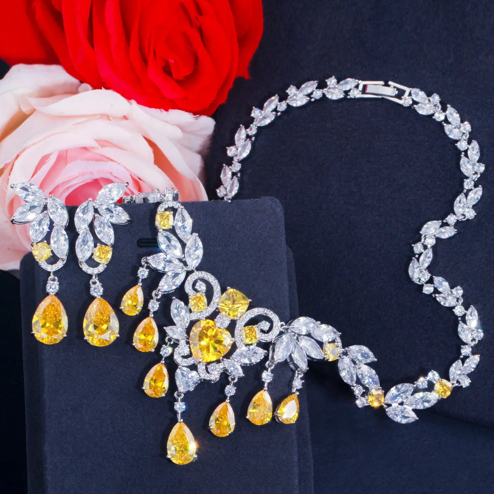 High Quality Cubic Zirconia Nigeria Tassel Necklace and Earrings Luxury Wedding Brides Yellow Jewelry Sets for Women Party