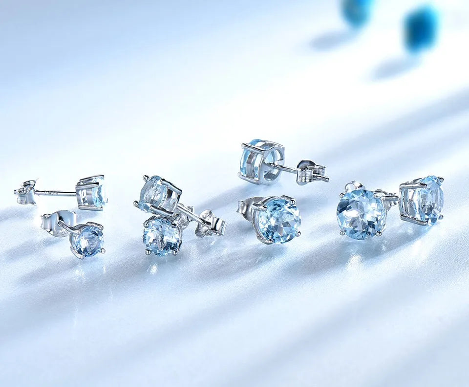 Fashion Zircon Sky Blue Stud Earrings Round 925 Sterling Sliver Gemstone Stud Earrings Jewelry for Women