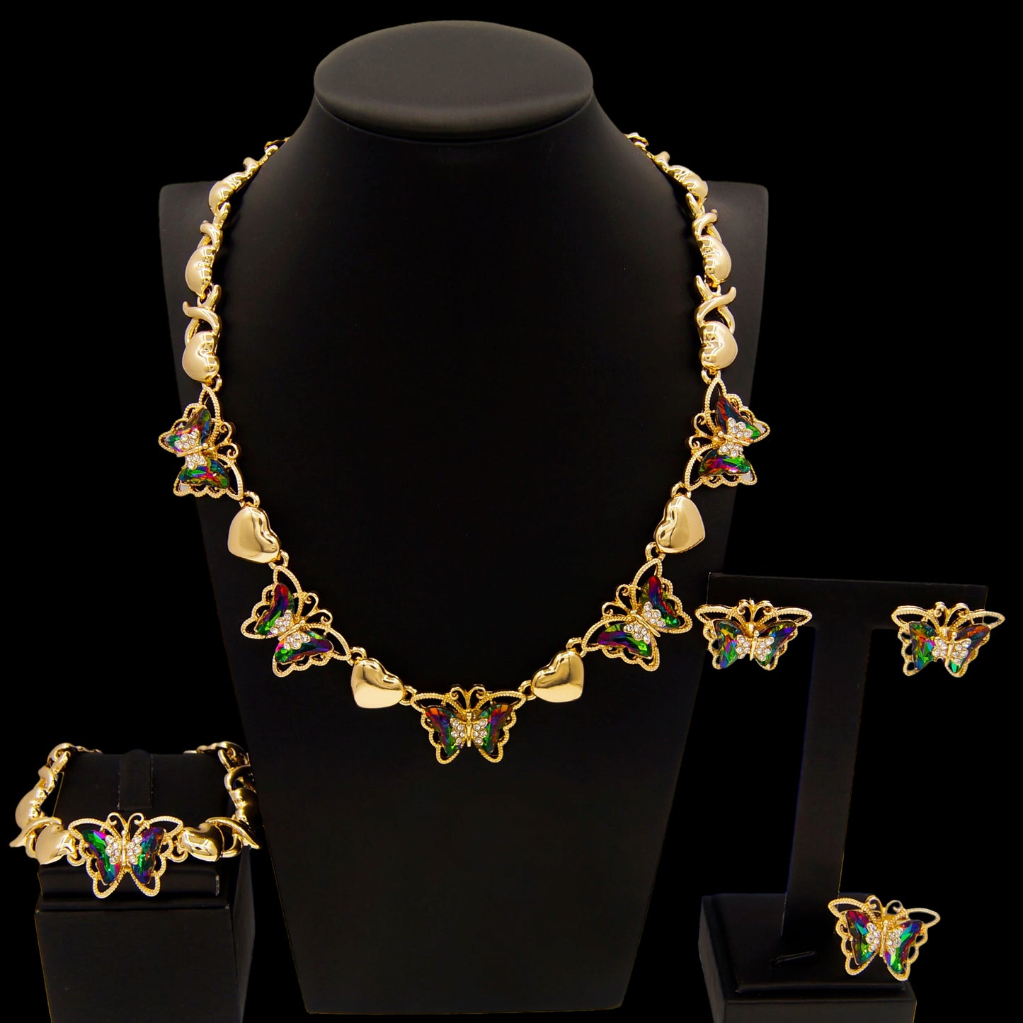 Zhuerrui Hot Sale Butterfly Xoxo Necklace Set Rhinestones Exquisite 4Piece Set Gold Filled Women Bridal Jewelry Set X0194
