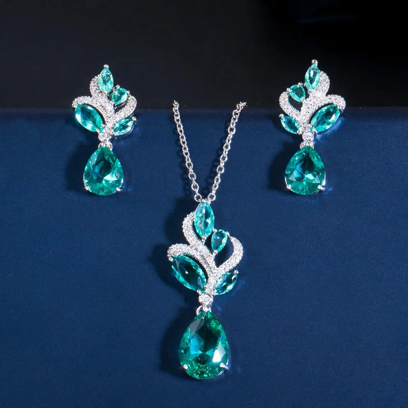 S&S Green CZ Waterdrop Leaf Pendant Jewellery Set – Necklace & Earrings – Collection