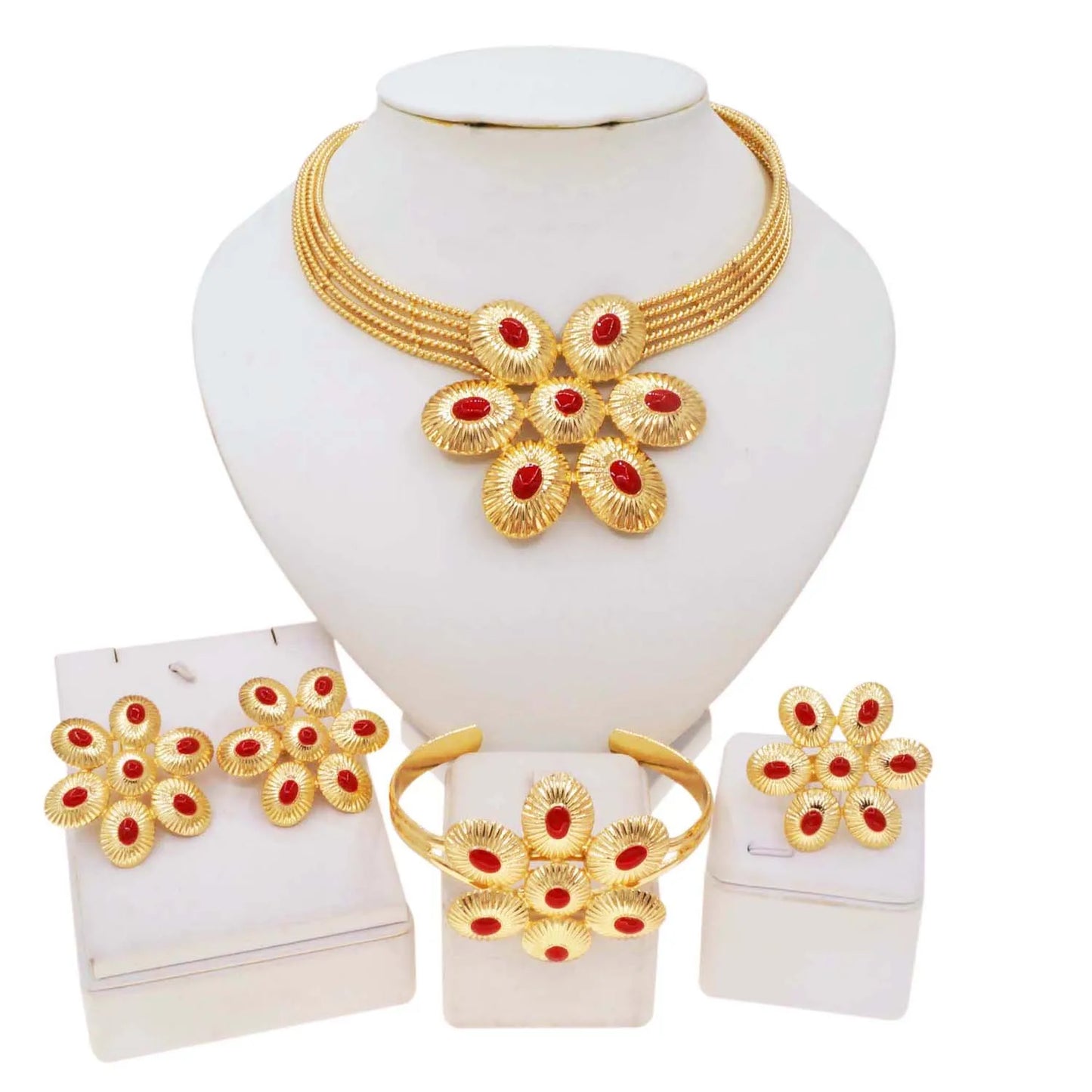 Zhuerrui Electroplated Jewelry Women's Jewelry Set Read Oval Bead NecklaceJewelry Sets Available Bridal Accessories HA20044