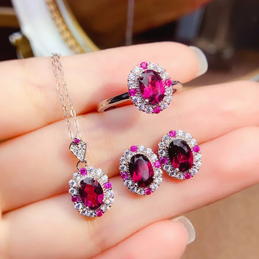Wholesale Exquisite Oval Cut 5 * 7mm Natural Garnet Jewelry Set, Natural Gemstone 925 Silver Necklace for Women