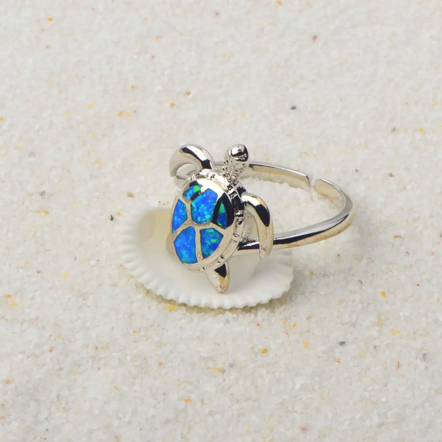 3D Sea Turtle Opal Open Ring | Blue Iridescent Gem & Zircon Accent | Stainless Steel Animal Jewelry for Women Trendy Style