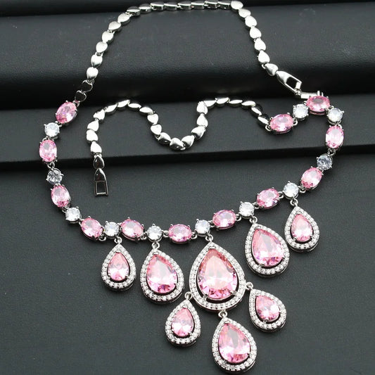 Luxury Water Drop Pink Zircon Necklace for Women Figaro Chain Silver Jewelry for Bridal Wedding Party Wholesale Gift Option
