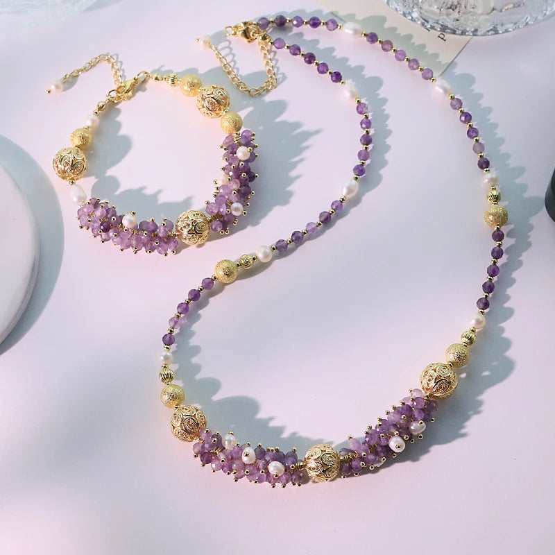 Natural Freshwater Pearl Amethyst Copper Beads Set Luxury Design Wedding Banquet Women Jewelry GS0212
